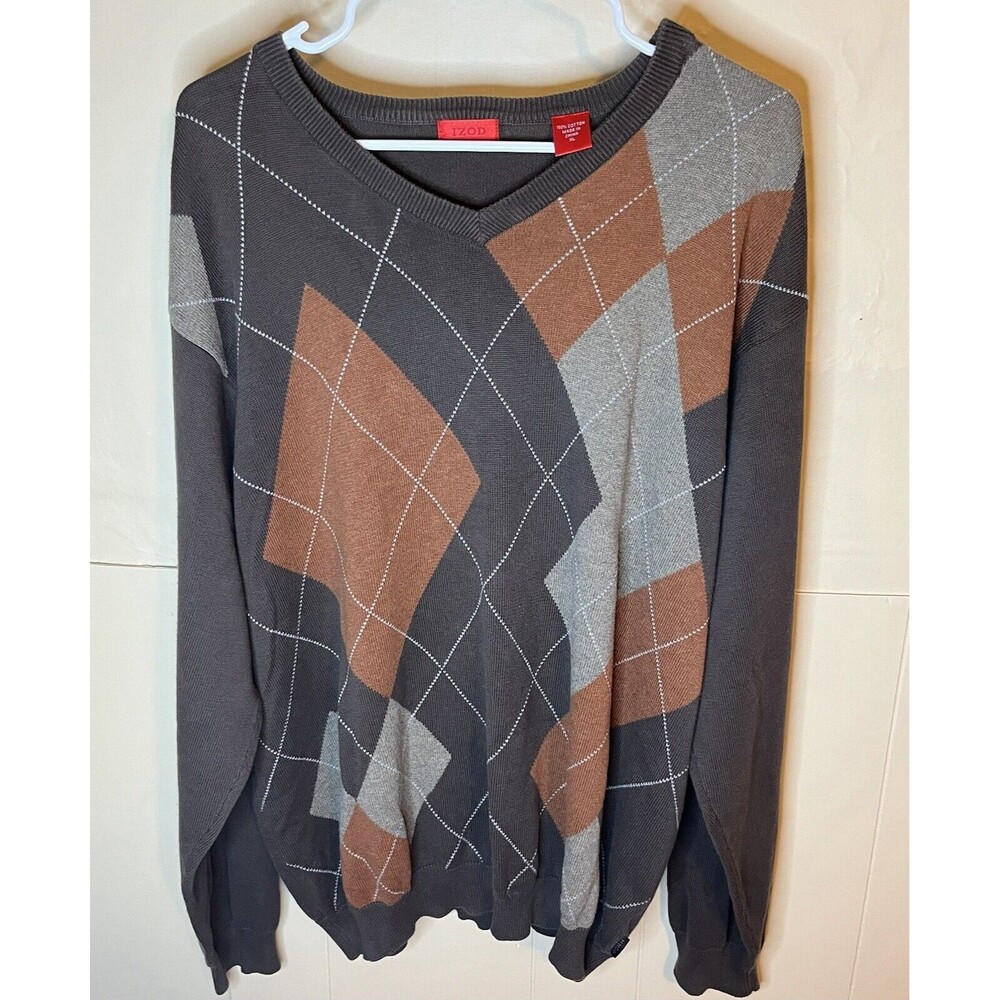 Izod Argyle Men's Large Brown 100% Cotton V-Neck Pullover 100% Cotton Sweater
